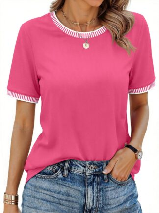 MOSHU Dressy Women Tops Crewneck Blouses for Women Striped Colorblock Short Sleeve Shirts Casual Summer Tops