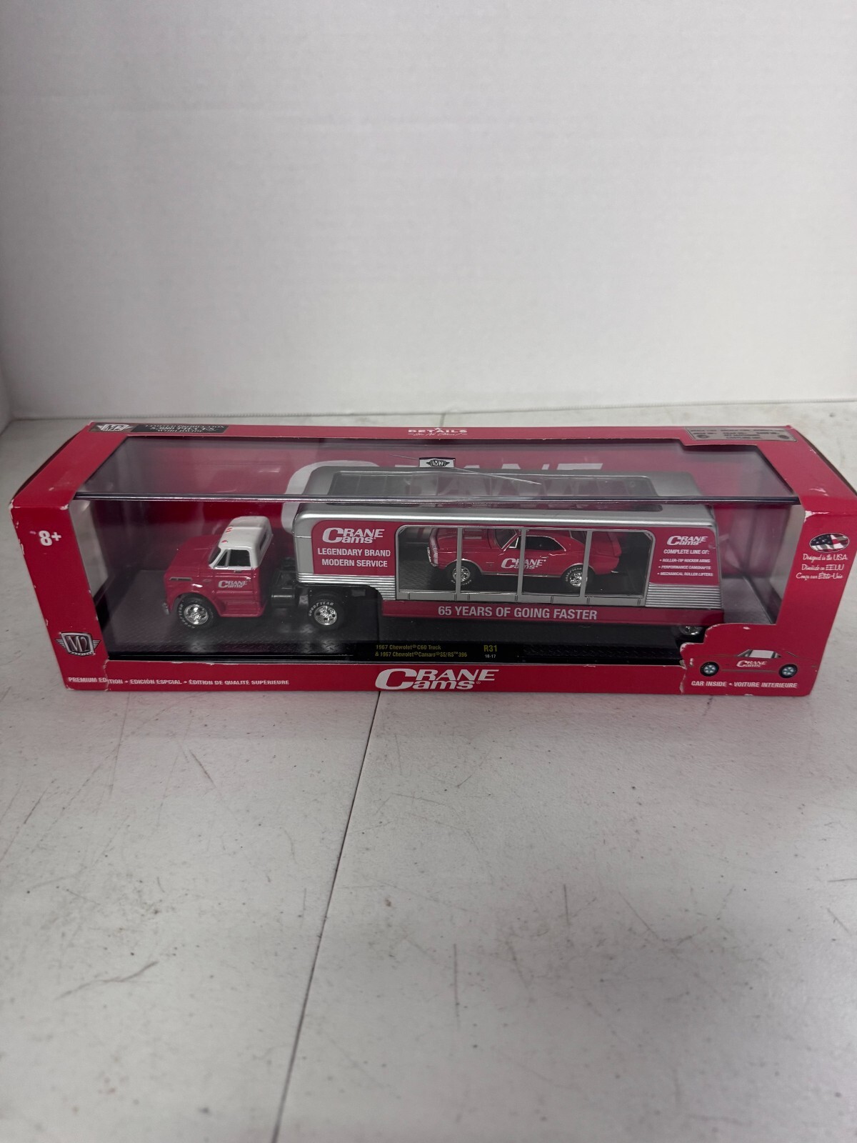 2018 M2 Machines 1967 Chevy C60 Red Silver Truck Trailer with 67 Red Camaro READ