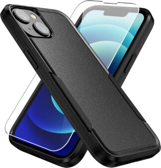 Heavy Duty iPhone 13 Case with Tempered Glass Screen Protector, Shockproof, Black