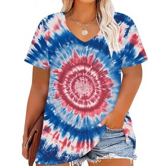 Yxbdin Tie Dye Oversized Tshirts for Women Plus Size T Shirts Casual V Neck Shirts Classic Short Sleeve Tops Loose Fitted Tees Outdoor Travel Outfits