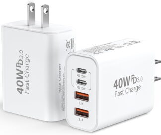USB-C Charger Block, 40W 4-Port PD+QC Fast Charging Box for iPhone 7-17 and Samsung, White (2 Pack)