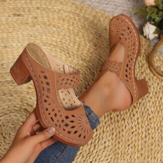 Viluyesy Women's Block Heels Sandals, Floral Hollow Out Slip-On Closed Open Fashion Casual Shoes Brown 9.5