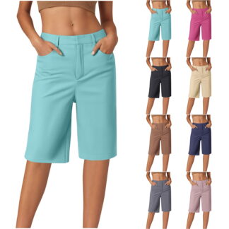 Frostluinai Women's Bermuda Shorts Knee Length with Pocket High Waist Baggy Chino Straight Leg Shorts Solid Pull On Flat