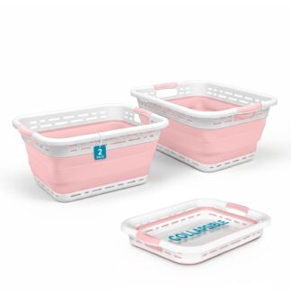 BLACK + DECKER Collapsible Laundry Basket with Handles, Space-Saving Design, Pink, 2-Pack