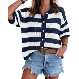 Women Summer Striped Crochet Cardigan Sweater Half Sleeve Button Up Top