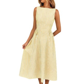FRSASU Women's Cotton Linen Dress Sleeveless Round Neck Striped Midi Dress Drop Waist Flared Swing Pleated Tank Sundress