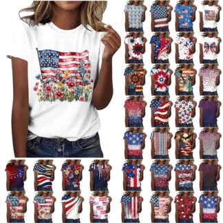 NSLGXD Women's Graphic Tee, 4th of July USA Flag Print Patriotic Short Sleeve Top
