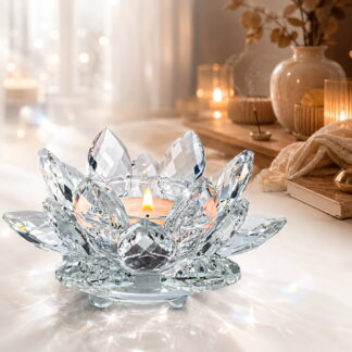 Rongsi Crystal Lotus Flower Tealight Candle Holder, Clear K9 Glass Candlestick Centerpiece for Weddings, Home Decor, and Gifts (1 Piece)