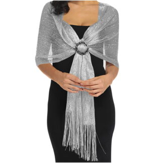 AWASD Trendy Sparkling Metallic Shawl for Women Open Front Summer Tops Breathable Shawls Evening Wedding Bride Elegant Lightweight Shawls Top Wedding Cover-Up (One Size Color Silver)