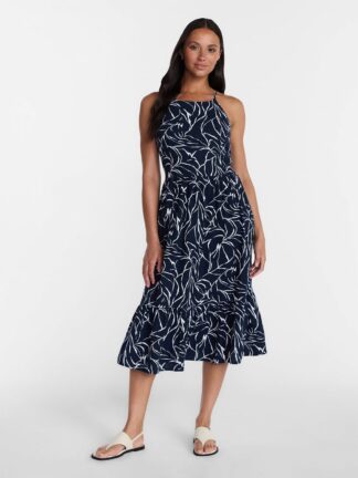 Time and Tru Women's Tie Back Cotton Midi Dress with Short Puff Sleeves, Sizes XS