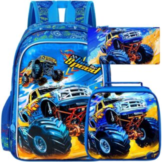 3PCS Boys Truck Backpack, Water Resistant Kids Bookbag with Lunch Box