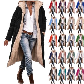 QATAINLAV Fleece Lined Winter Jacket for Women, Oversized Reversible Puffer Hooded Coat, Blue, XXL