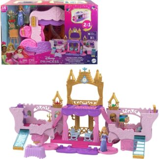 Disney Princess Carriage to Castle Transforming Playset with Aurora Small Doll  4 Figures & 3 Levels