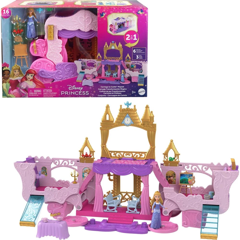 Disney Princess Carriage to Castle Transforming Playset with Aurora Small Doll 4 Figures & 3 Levels