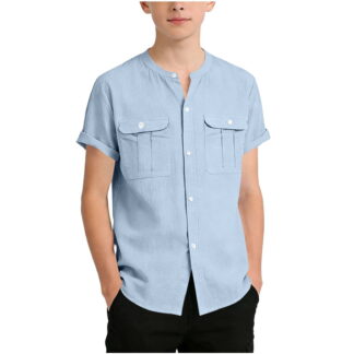 Ugoldhm Boys' Mandarin Collar Short Sleeve Shirt Linen Blend Chest Pockets Casual Button-Down Top (5-15 Years Old)