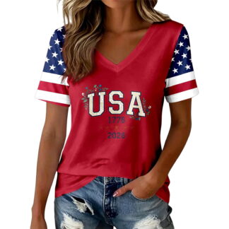 CONROSES 250Th Anniversary Usa Women's Short Sleeve T-Shirts V Neck Patriotic Usa Star Striped Graphic 4Th Of July Tshir