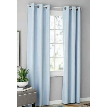 Mainstays Olan Textured Solid Blackout Grommet Curtain Panel Pair Window Treatment Set of 2 Room Darkening Drapes for Bedroom Light Blue 37 W x 84 L