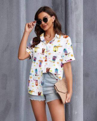 ALLTB Western Button Up Shirt, Women's Vintage Print Cowgirl Short Sleeve Top