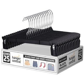 Hanger Central 25 Pack 12 Inch Plastic Pants Hangers with Extra Long Clips in Black