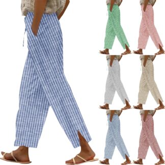 Hearthz Striped Linen Blend Pants for Women High Waisted Wide Leg Crop Pants for Women Flowy Baggy Womens Summer Pants G