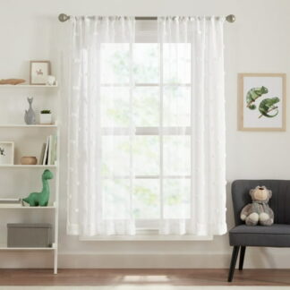 Your Zone Clipped Pom Sheer Single Curtain Panel  Artic White  38 W x 54 L