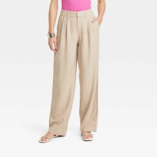 Women's High-Rise Linen Pleated Front Straight Pants - A New Day™ Tan 4