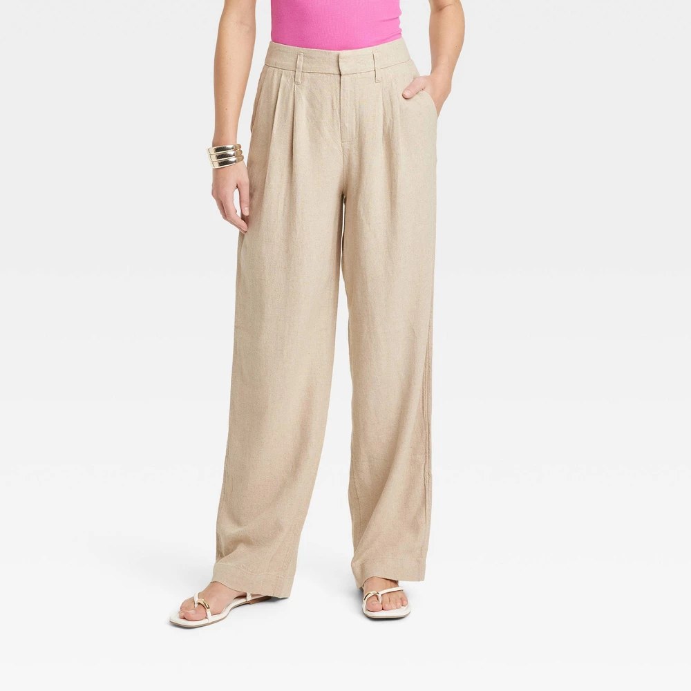 Women's High-Rise Linen Pleated Front Straight Pants - A New Day™ Tan 4