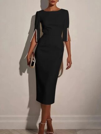 Spring and summer solid color commuting beaded slim-fit elegant dress for women