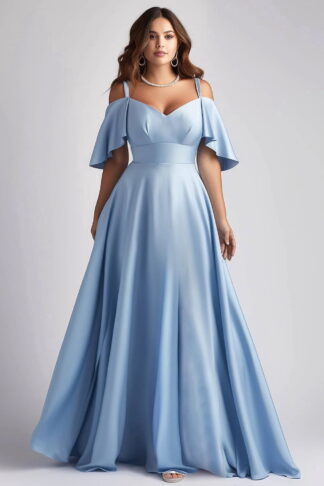 Plus Size Light Blue Satin Cold Shoulder Maxi Dress, Off-Shoulder Flounce Sleeve Pleated Slit Formal Gown