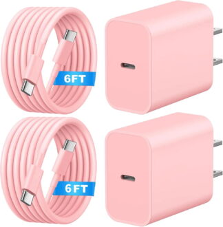 iPhone 15/16/17 Charger, 2-Pack USB-C Charger Block with 6FT Cord, Pink