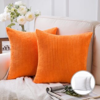 Soft Corduroy Striped Velvet Square Decorative Throw Pillow Cusion For Couch, 18" x 18", Orange, 2 Pack