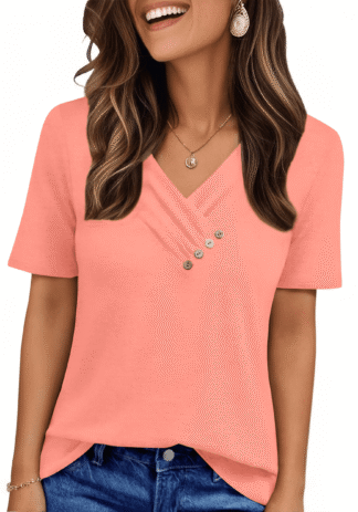 UVN Blouses for Women Summer Short Sleeve V Neck Button Shirts Dressy Casual Business Tunic Tops