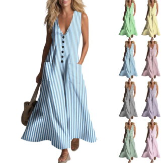 Qzwdhjm Women's Linen Dress Sleeveless V Neck Maxi Dresses Striped Aline Casual Summer Dress for Beach Party with Pockets
