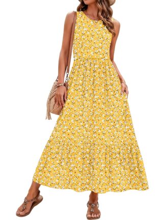 OutfitShow Summer Maxi Dresses for Women Sleeveless Casual Flowy Tiered Dress Vacation Beach Sundresses with Pockets