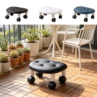 Rolling Low Stool with Universal Wheels, Padded PU Leather Seat, Adjustable Height Workshop Stool, Black