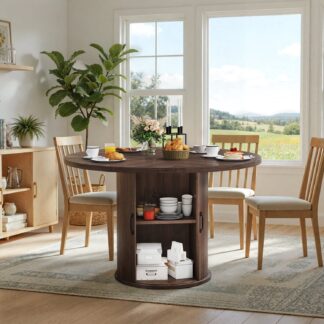 BaPiPro 47" Round Dining Table for 4, Modern Farmhouse Kitchen Table with Hidden Storage, Rustic Brown
