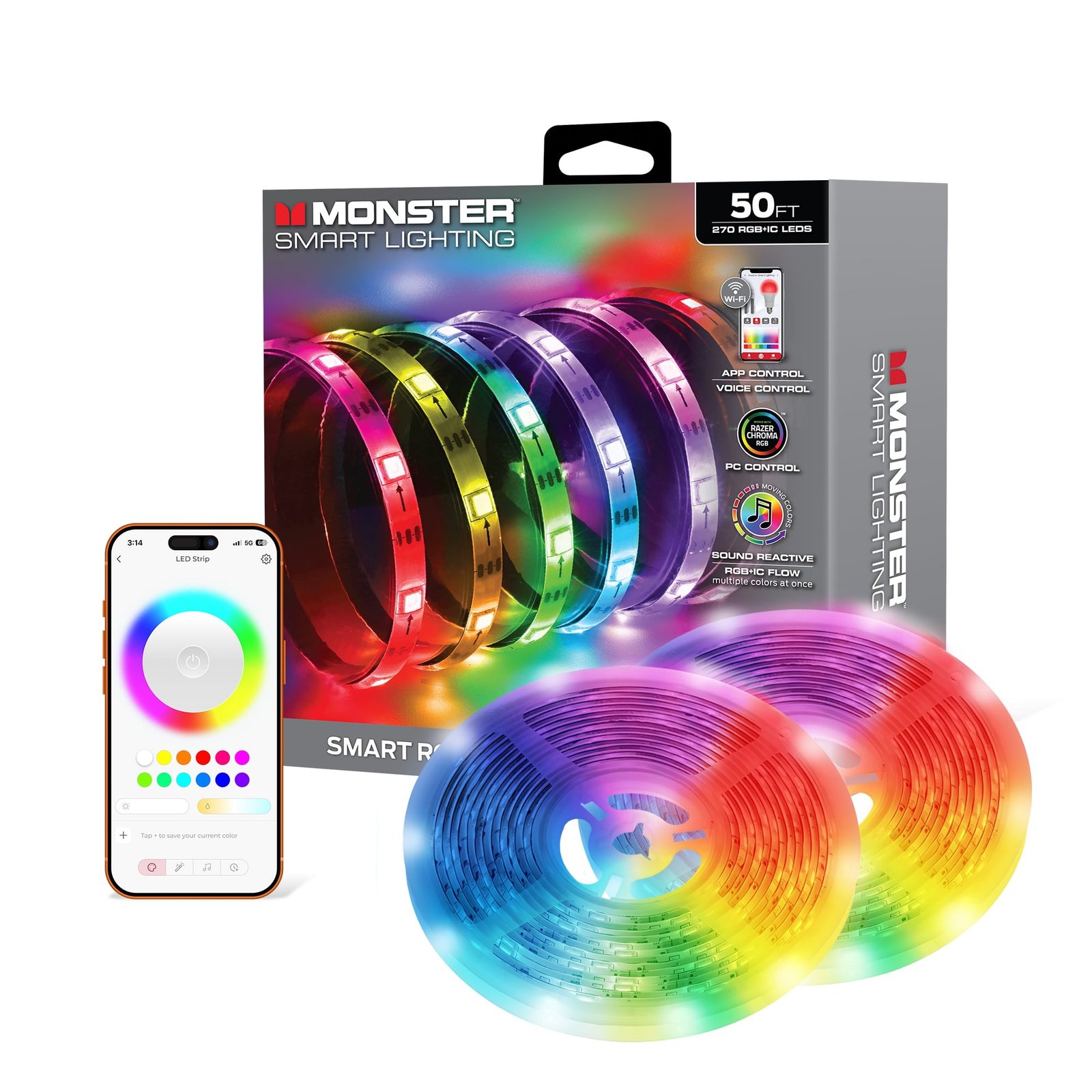 Monster Smart 50ft Indoor Multi-Color LED Light Strip, Sound Reactive, Razer Chroma, Corded Electric