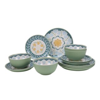 Better Homes & Gardens 12-Piece Floral Green Reusable Dishwasher-Safe Bamboo Melamine Plastic Tableware Set (Service for