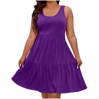 yillto Plus Size Women's Crewneck Sleeveless Tiered Dress, Casual Solid Loose Sundress