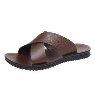 Mens Leather Slides Men's Cross Sandals Lightweight Open Toe Slipper for Summer Men's Fashion Casual Open Toe Soft Sole Spring And Summer Breathable Trendy Beach Sandals (UPC 21580)