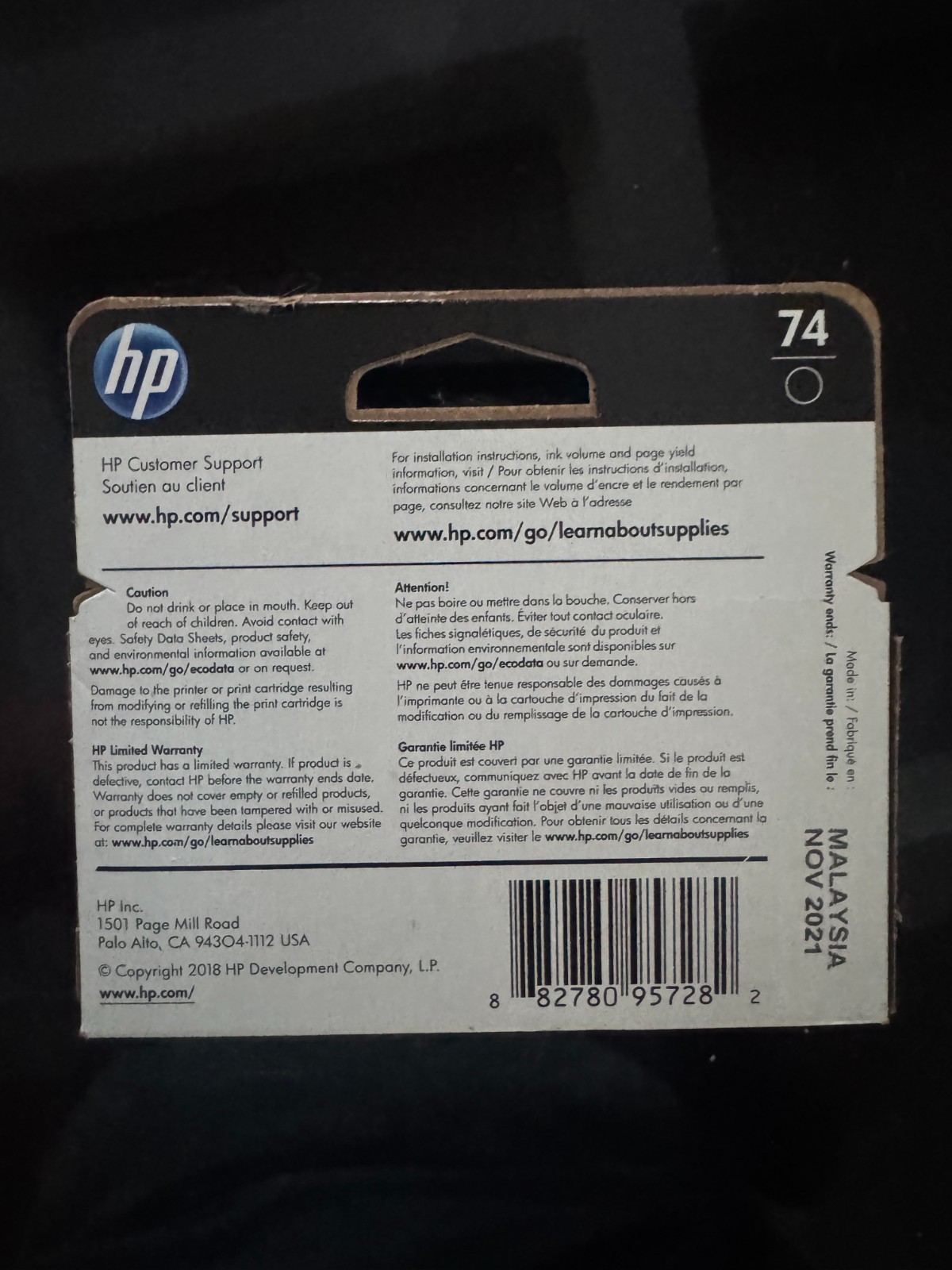 HP 74 Black Ink Genuine Cartridge CB335WN Expiration 11/2021 New Sealed - Image 2