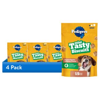 (4 pack) Pedigree Mini Tasty Biscuits Dog Treats, Peanut Butter & Bacon Flavor, 15-oz Bag