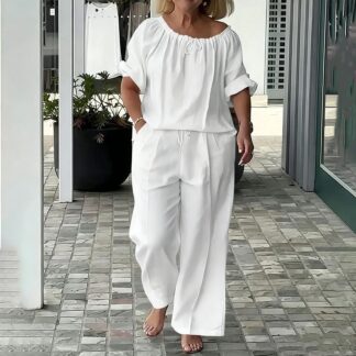 Maqroz Women 2 Piece Outfits Sets Summer Solid Loose Short Sleeve Crew Neck Top and Pants Set Drawstring Casual Vacation