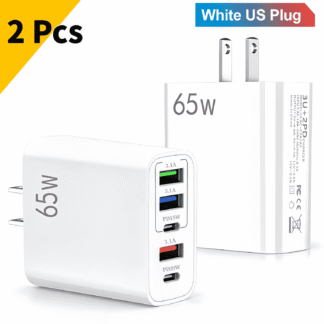 QINIUXO USB-C Charger Block, 2-Pack 65W 5-Port Fast Charging Power Adapter, White