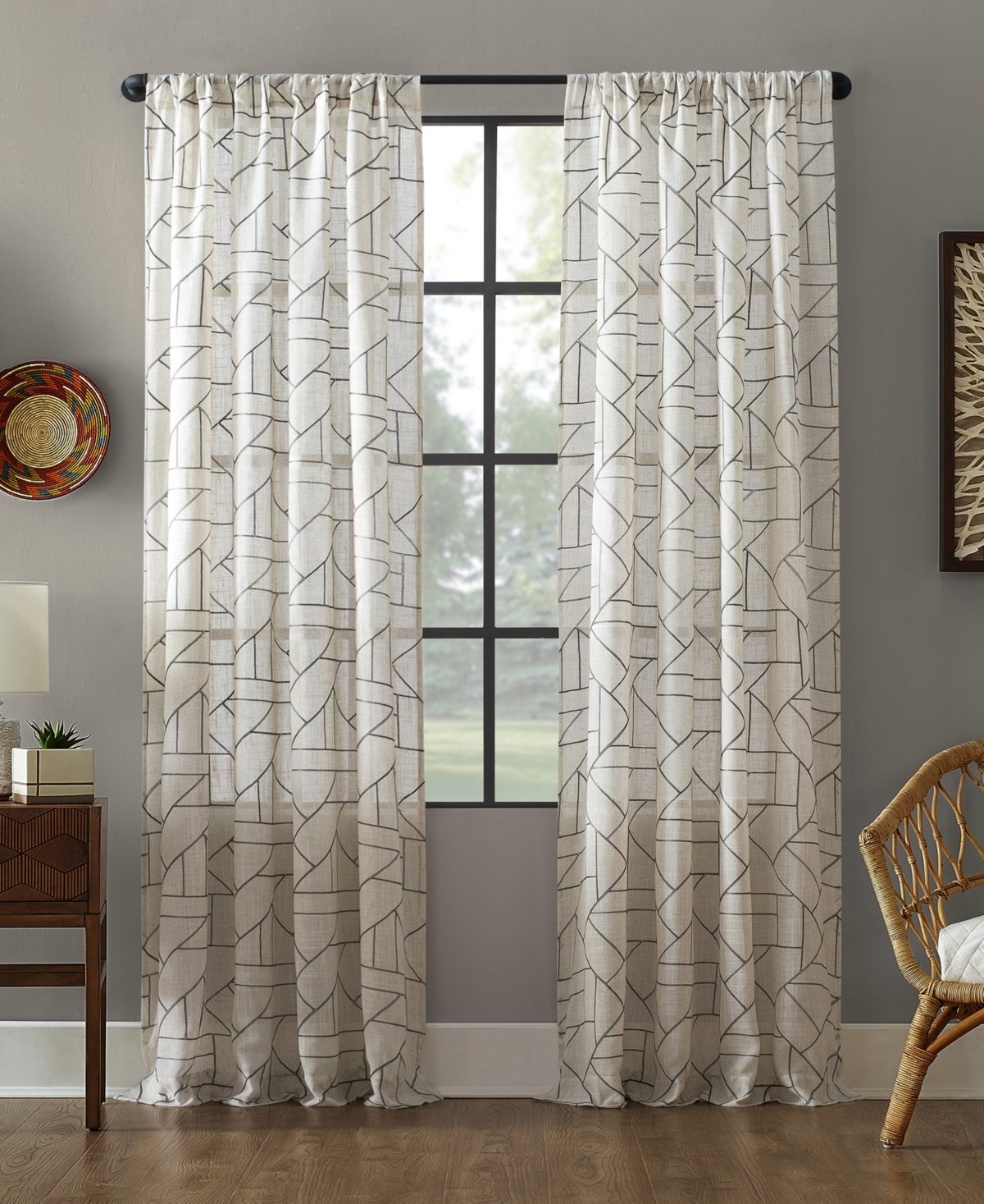 Archaeo Jigsaw Embroidery Linen Blend Curtain 50 x84 Gray/Linen