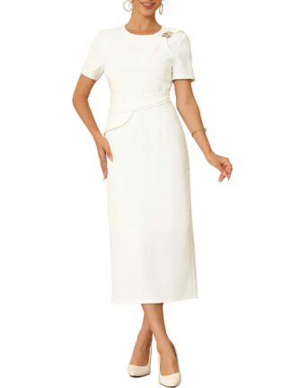 DARING DIVA Women's Crewneck Short Sleeve Pleated Waist Sheath Dresses 2XL White
