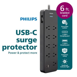 Philips 6-ft 9-Outlet Surge Protector with 1 USB-A, 1 USB-C, 15W, 2400J, Braided Cord, Black