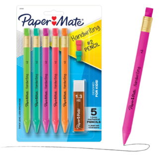 Paper Mate Handwriting Triangular Mechanical Pencil Set with Lead & Eraser Refills, 1.3mm, Fun Barrel Colors, 8 Count