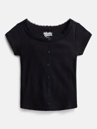 Wonder Nation Girls' Lace and Button Front Top with Short Sleeves, Sizes 4-18 & Plus