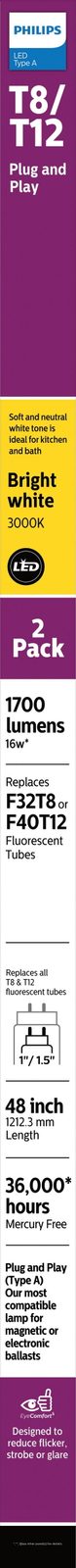 Philips Plug and Play 4Ft (48-inch) Type A T8/T12 Warm White (3000 Kelvin) 32-Watt LED Tube (2 Pack)